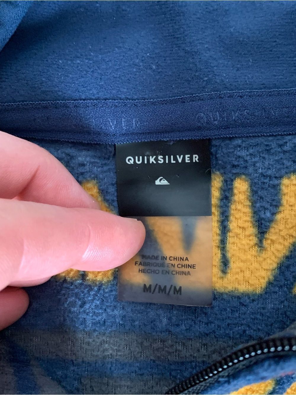 Quiksilver Men's Navy Zip-Up Sweater with Red & Yellow Geometric Stripes - Picture 6 of 8